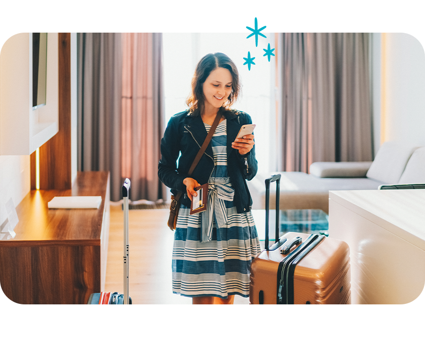 Woman Leaving Hotel on Phone